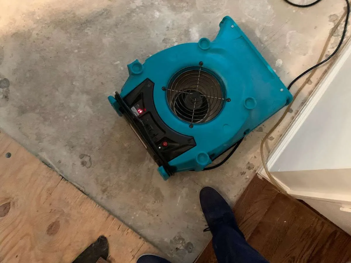 Air mover drying subfloor during Commercial Water Damage Restoration in Port Isabel